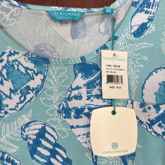 Tori Richard Sea of Love Kennedy shades of blue sea shell print T shirt midi NWT - Picture 2 of 5